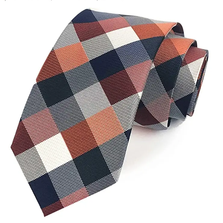 Men's Classic Checks Dark Blue Grey Jacquard Woven Polyester Tie Necktie