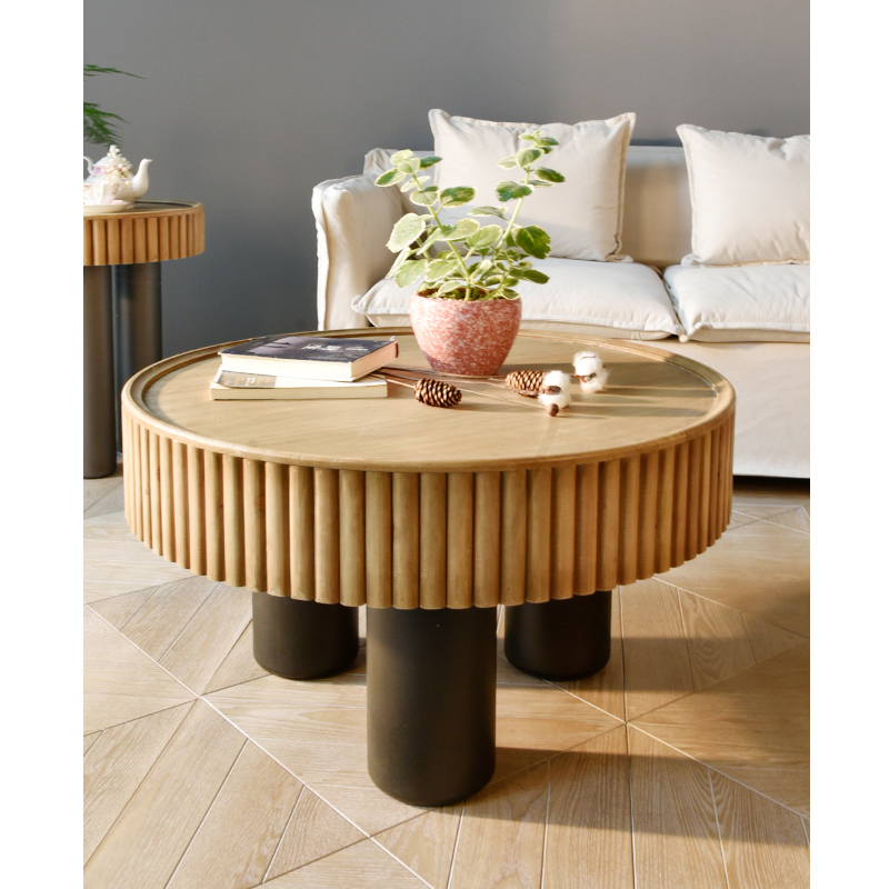 INNOVA antique retro style living room furniture vintage round soild wood carved coffee table with 3 legs