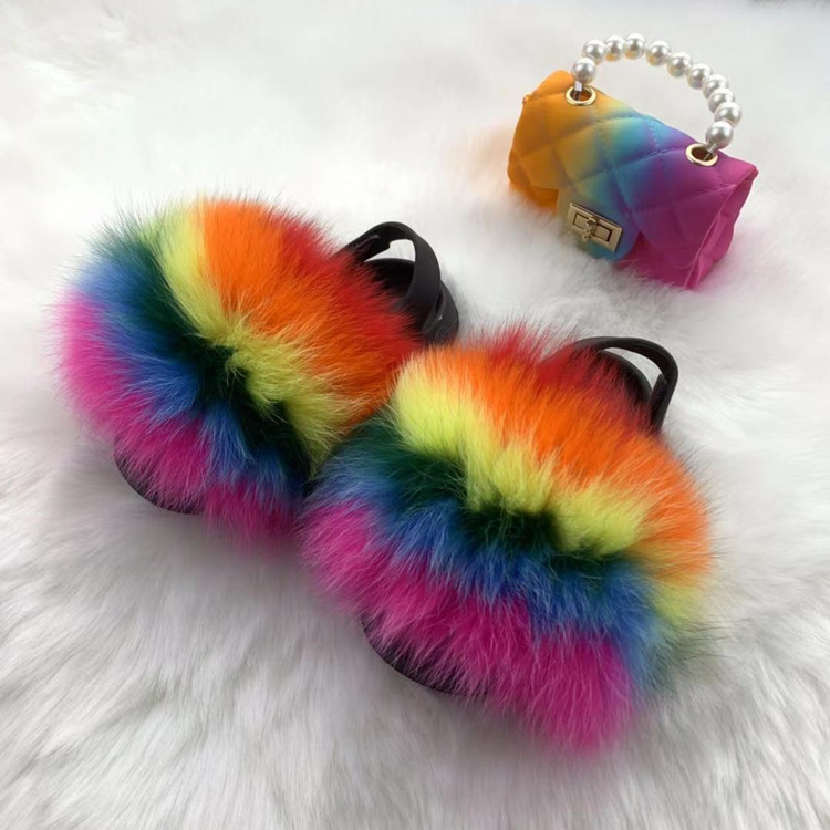 Custom Kids Fur Slides and Pretty Mini Jelly Bags Handbag Sets 2021 Kids Handbags And Slippers