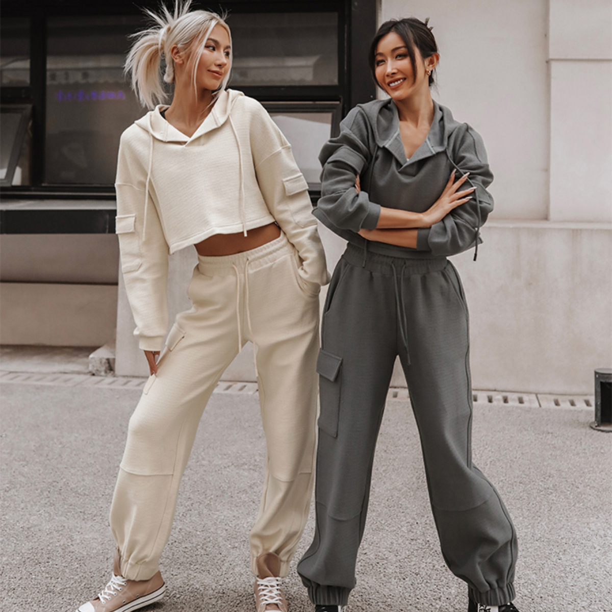 European And American Sports Wide Leg Pants Long Sleeve Hoodie Plain Color Two Piece Set Short Hoodies