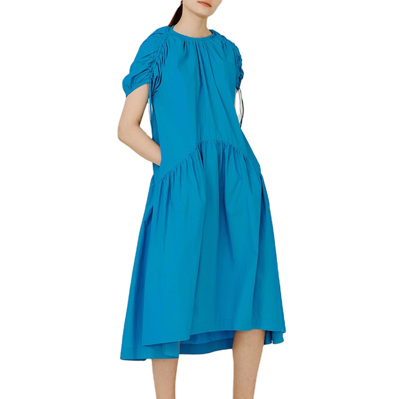 Sun Dresses Women Casual Short Sleeve A-line Beach Long Bathrobe Dress Round Neck Midi Dress With Adjustable Short Sleeve