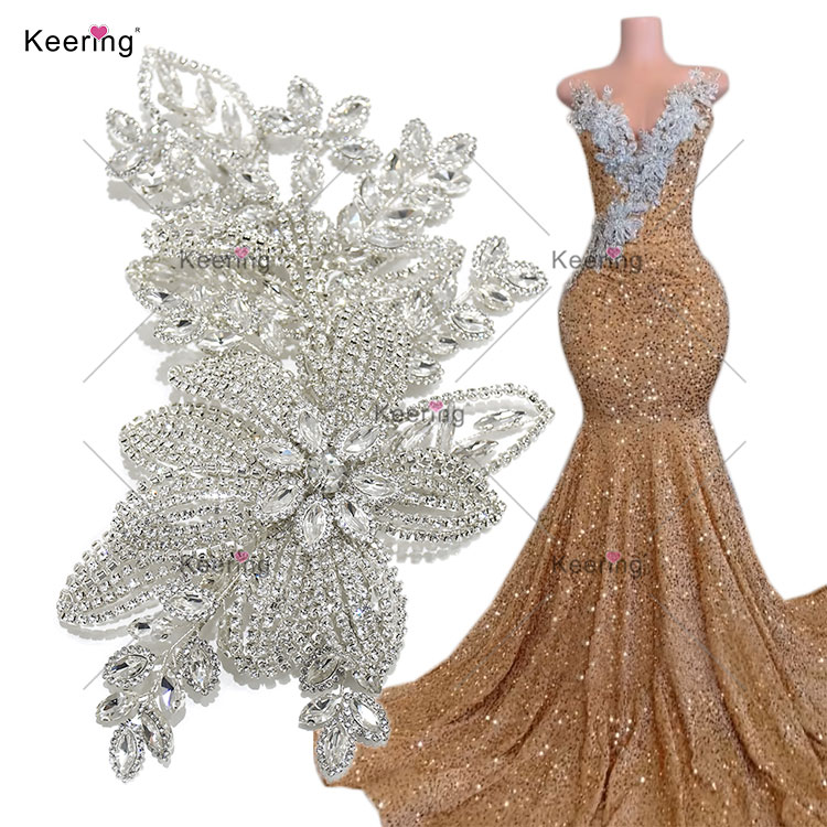 Pearl-Shimmering 3D Floral Patch for Bridal Dresses - Handcrafted Metal Appliqué with Rhinestones