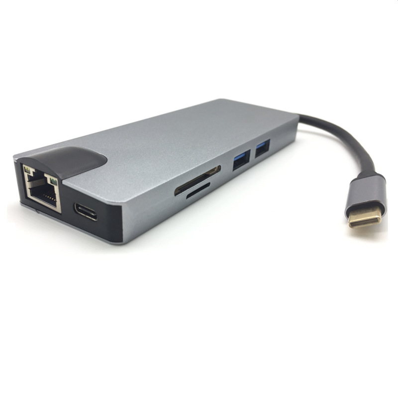 Умный алюминиевый 8 в 1 3,1 USB C type C концентратор для RJ45 Gigabit Ethernet PD зарядка + VGA + 2 * USB 3,0 + SD/TF кардридер