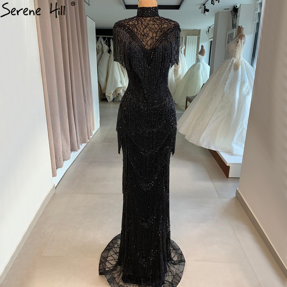 Black Mermaid Luxury Beaded Tassel Evening Gowns Serene Hill LA70529 Cap Sleeves Glamour Formal Party Dresses For Women
