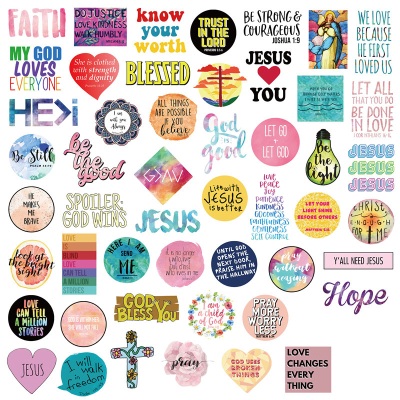 50pcs High Quality UV Waterproof PVC Vinyl Brand Advertising Jesus Sticker Christian faith Die Cut Sticker for Trolley case