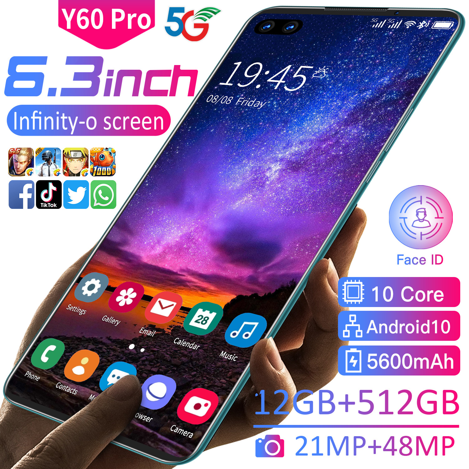 Оптовая Продажа Модный Самый дешевый Android телефон Y60 pro MTK 10core 8 ГБ + 256 ГБ 6,3 дюймов HD экран 13 МП + 24 МП 4000 мАч сотовый телефон