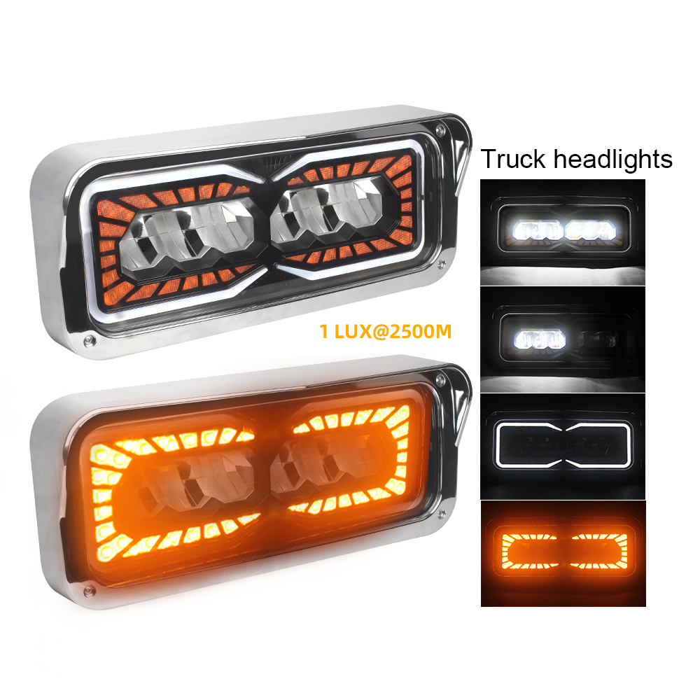 12v 24v DRL white halo amber indication Auxiliary Turn light rectangle Heavy duty Truck Led LED projector Headlight for KENWORTH