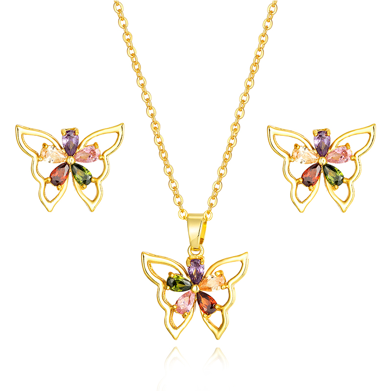 New Western Style Dubai Women Colorful Gold Plated Butterfly Necklace And Earrings Jewelry Set