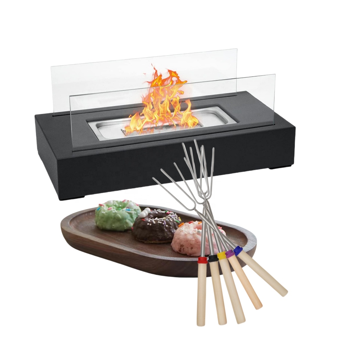 Indoor Outdoor Patio S'more Must Glass Tabletop Bio Ethanol Fireplace Steel Table Top Ethanol Fire Pit w Plate Skewers