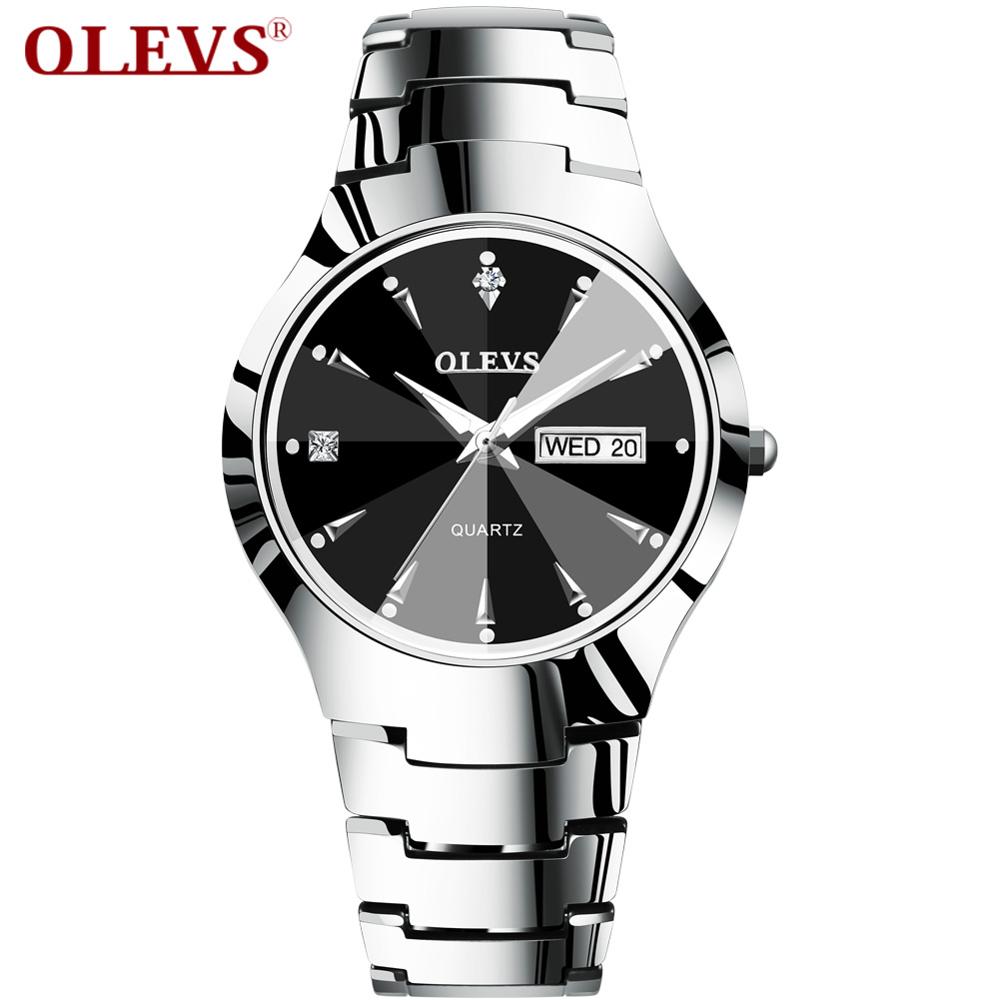 OLEVS 6897, модные наручные часы для влюбленных, минималистичные кварцевые часы со стразами для мужчин и женщин, часы с стальным ремешком и корпусом из сплава, день/дата