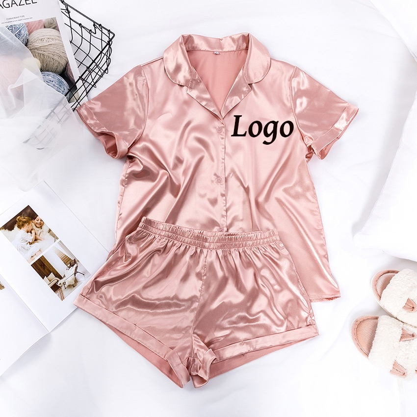 Custom Women's Shiny Slip Modern Solid Short Sleeve Shorts Satin Pajama Sets PJ Sleepwear Sets