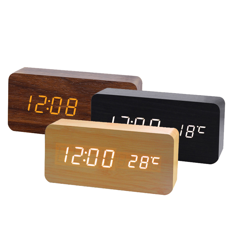 Home decoration Desktop table wooden led digital alarm clock with temperature and voice control