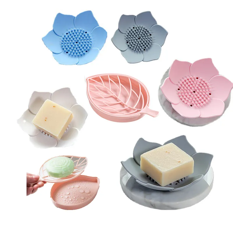 Z914   3D Double Layer Flower Soap Dish Mini Non Slip Bathroom Drain Soaps Tray Silicone Leaf Flower Shaped Soap Holder