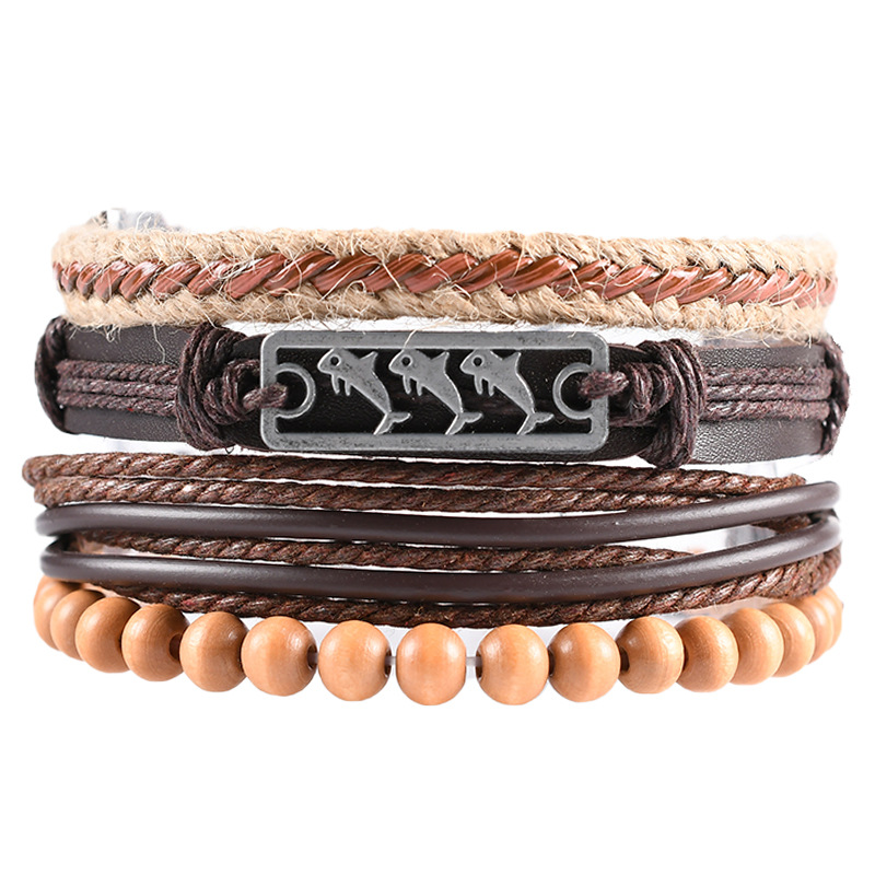 New Ocean Style Dolphin Charm Bracelet Fashion Personality Leather Bracelet Handmade Wooden Bead Bracelet