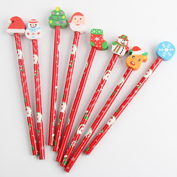 Assorted Colorful Holiday Christmas Pencil With Eraser Novelty Dot & Stripe Giant Eraser Topper Kids Pencils