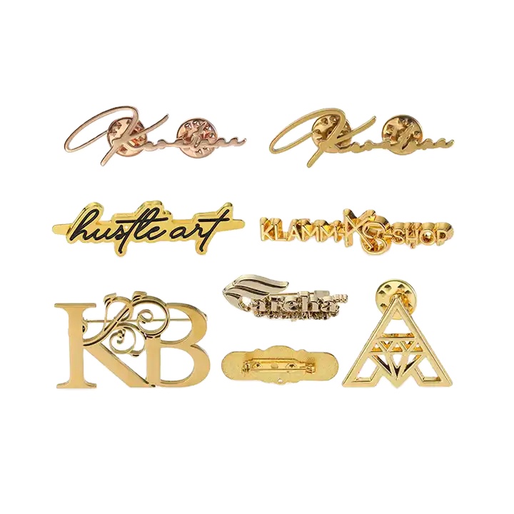 Popular Decorative Custom Wholesale Luxury Embossed Gold Letter 3D Logo Suit Badge Metal Hollow Brooch Lapel Pin For Clothes