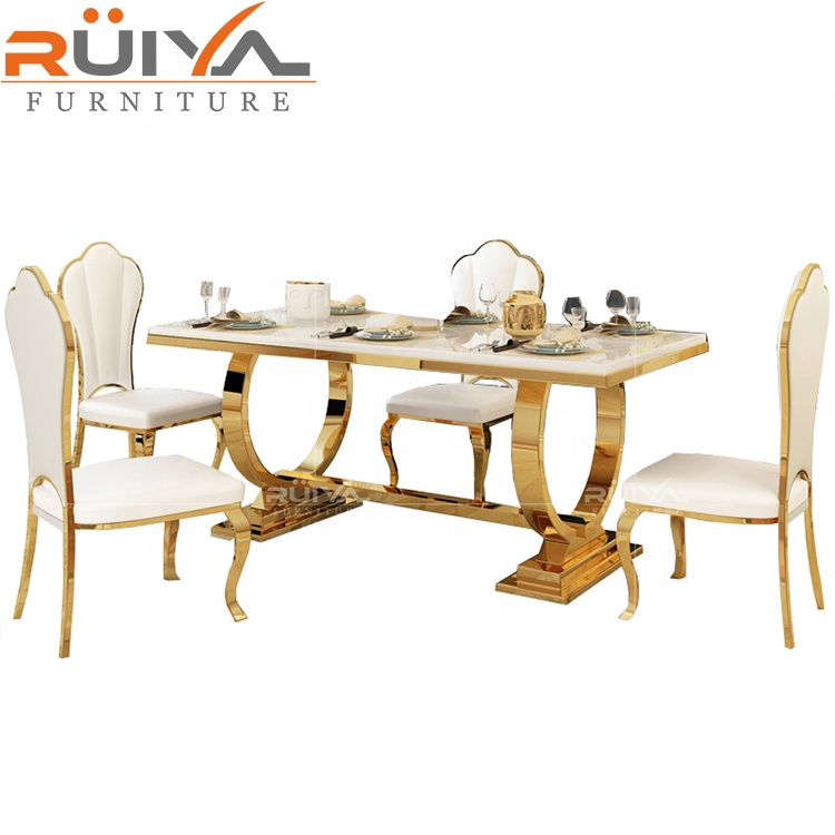 Современная мебель Ruiya, оптовая продажа, золотая металлическая рама, мраморный обеденный стол для 8