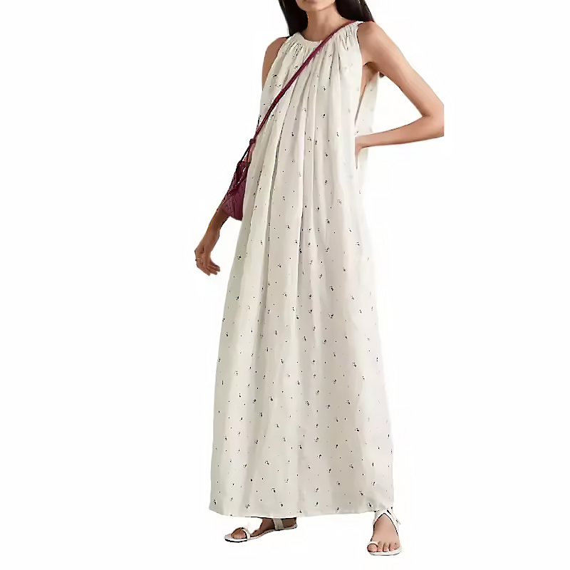 Summer Dress Sleeveless Midi Dress Embroidery Cotton Linen Dress High Quality Elegant Vintage Casual OEM Service for Women Woven