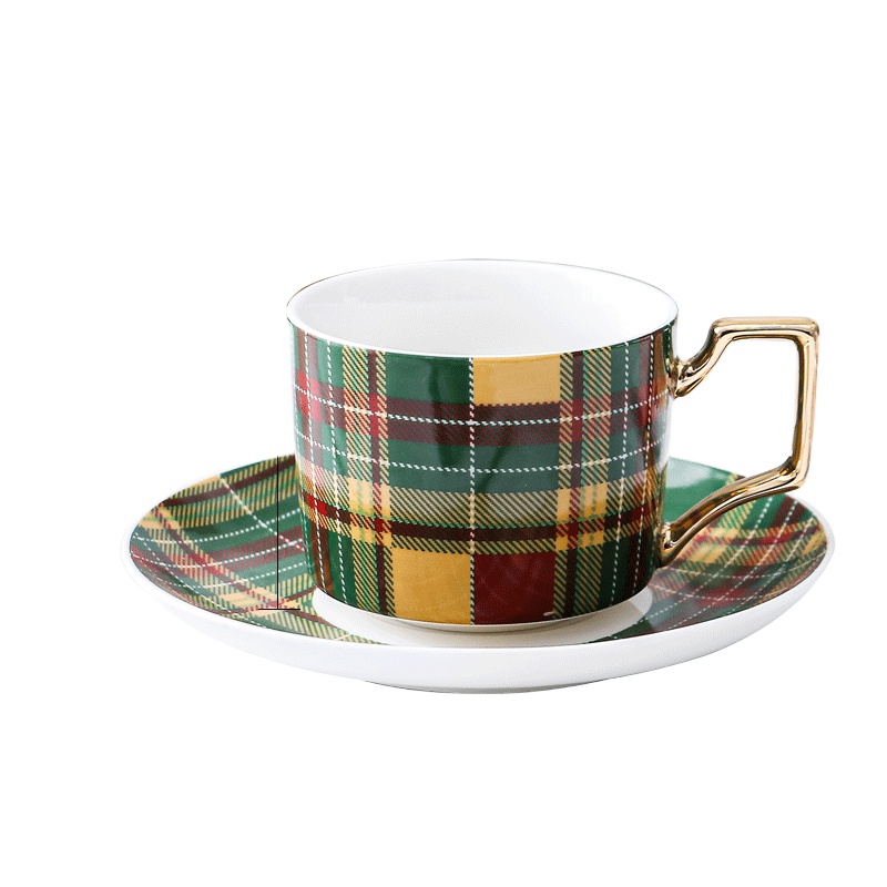 High Quality Porcelain Classic Plaid Cappuccino Cup with Saucer Set