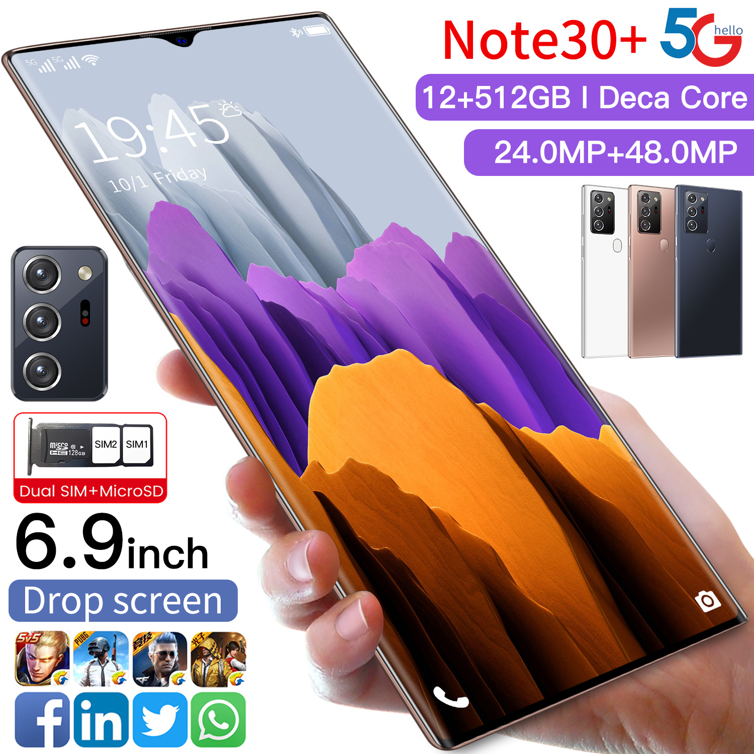 Мобильный телефон note 30 + с новым дизайном, две SIM-карты, двойной режим ожидания, десятиядерный, android смартфон 12 + 512 ГБ, большой экран 6,9 дюйма