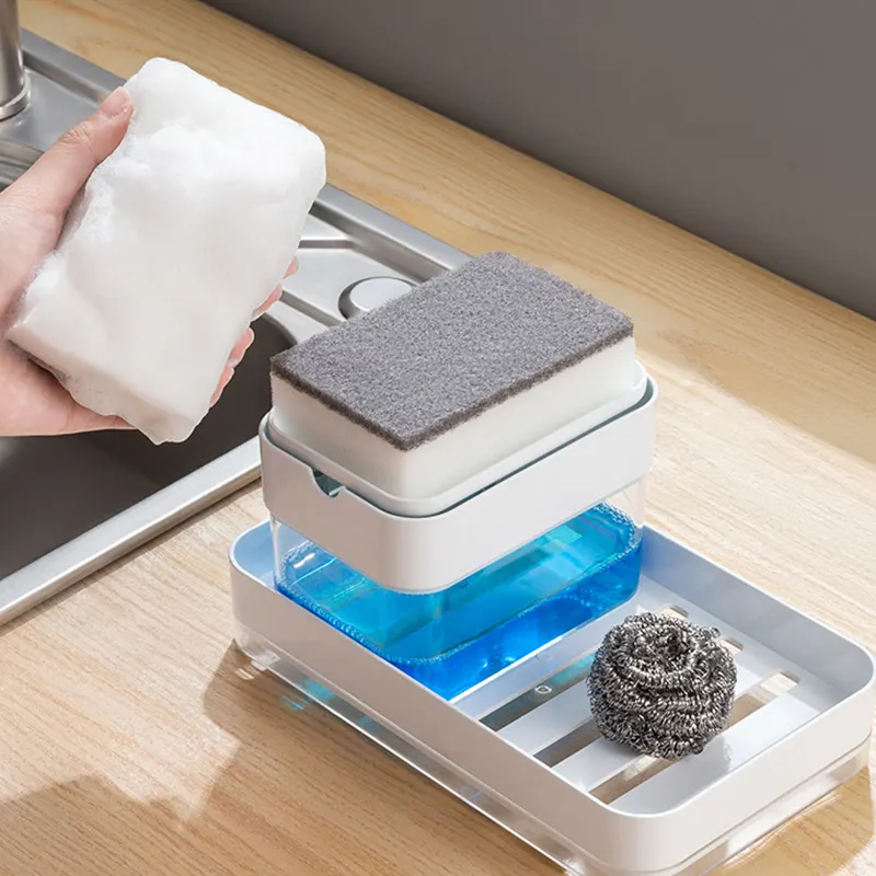 New Creative Bathroom Kitchen Soap Dispenser Box Wash Sponge Holder Pump Sponge Caddy 3 In 1 Manual Press Dish Soap Dispenser