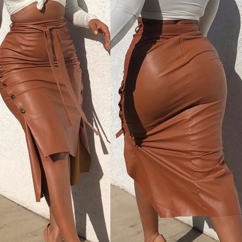 Fall Women Clothes Fitness Patchwork Split Brown Faux Pu Leather Pencil Skirt For Ladies
