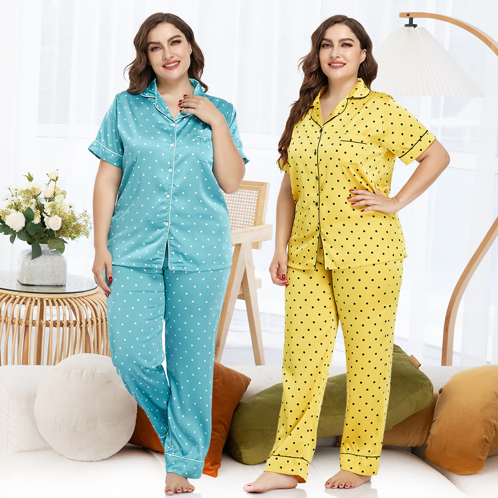 Woman Silk Two Piece Wholesale Sleepwear Plus Size 2 Nightwear Short Sleeve Satin Pajama Set