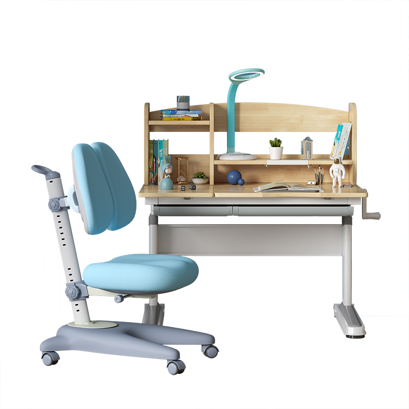 Wood Adjustable Height Kids Study Desk with Chair Drafting Table Computer Station Built-in Bookshelf Hutch Multi Function Blue