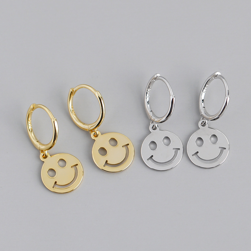 Hot Sale Vogue 925 Sterling Silver Earrings Hoop Round Smile Face Pendant Huggies Earrings Unisex Jewelry For Women