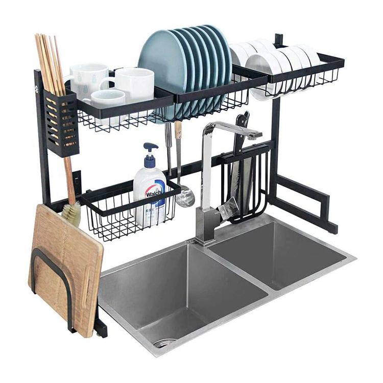 Matte black stainless steel sink and dish rack with large capacity and multiple layers of asphalt in large kitchen sink rack