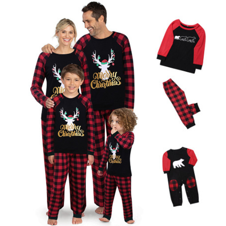 2021 Christmas Fawn Plaid Printed Pajamas Suit Home Wear Pajamas Parent-child Wear
