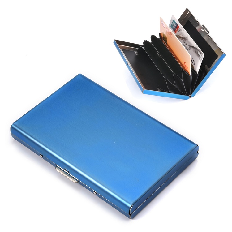 slim ID metal wallet protectors case 6 slots stainless steel metal Rfid blocking credit card holder for men & women blue