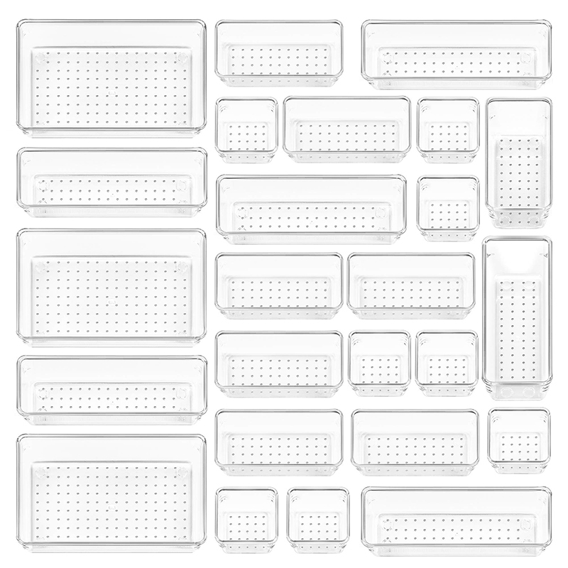 Hot Selling 25 Pcs Desk Drawer Organizers Trays Set Clear Plastic Storage Bins Dividers Clear Plastic Drawer Organizer