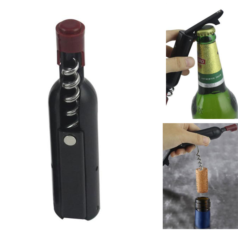 Customized LOGO Home use Stocked Creative Cute Wine Bottle Shape Opener Black Corkscrew with magnet