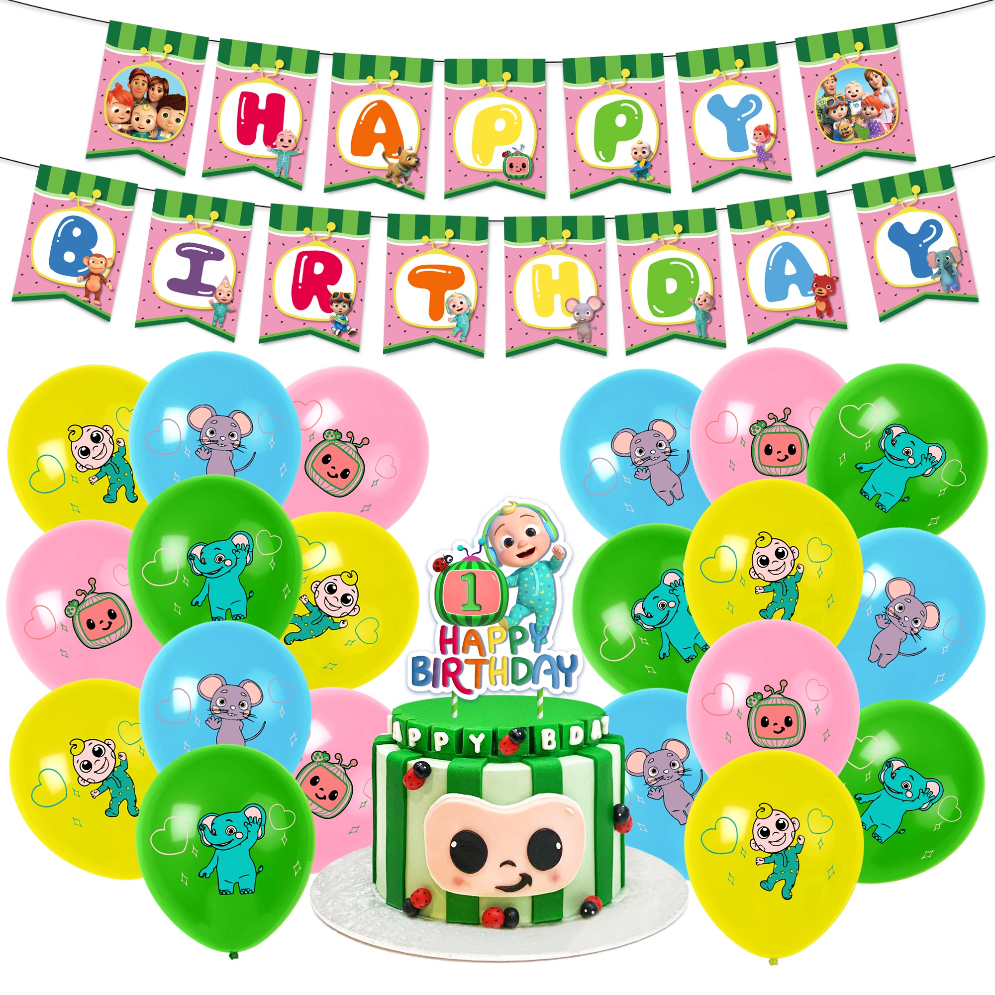 Cocomelon Birthday Party Supplies with Banner Cake Topper balloons all are Ready to Ship