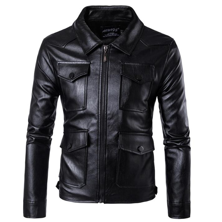 Wholesale Men's Genuine Lambskin Leather Jacket / Zipper Fashion Brown Stand Collar Leather Jacket