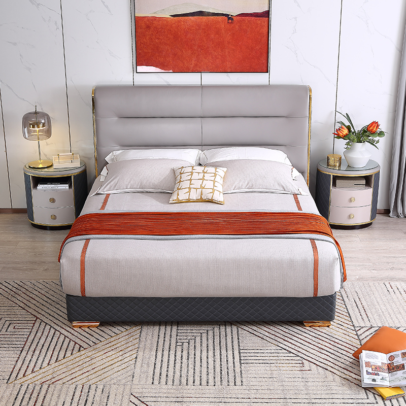 98016 quanu nordic style modern bed leather gray upholstered king bed frame