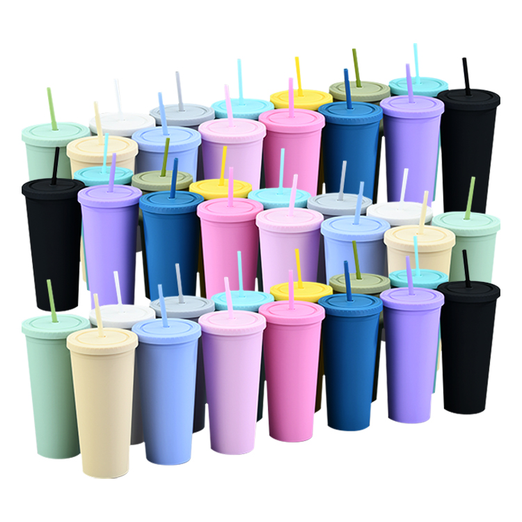 Wholesale high quality double wall matte black 22oz pastel colored acrylic cup with lid and straw