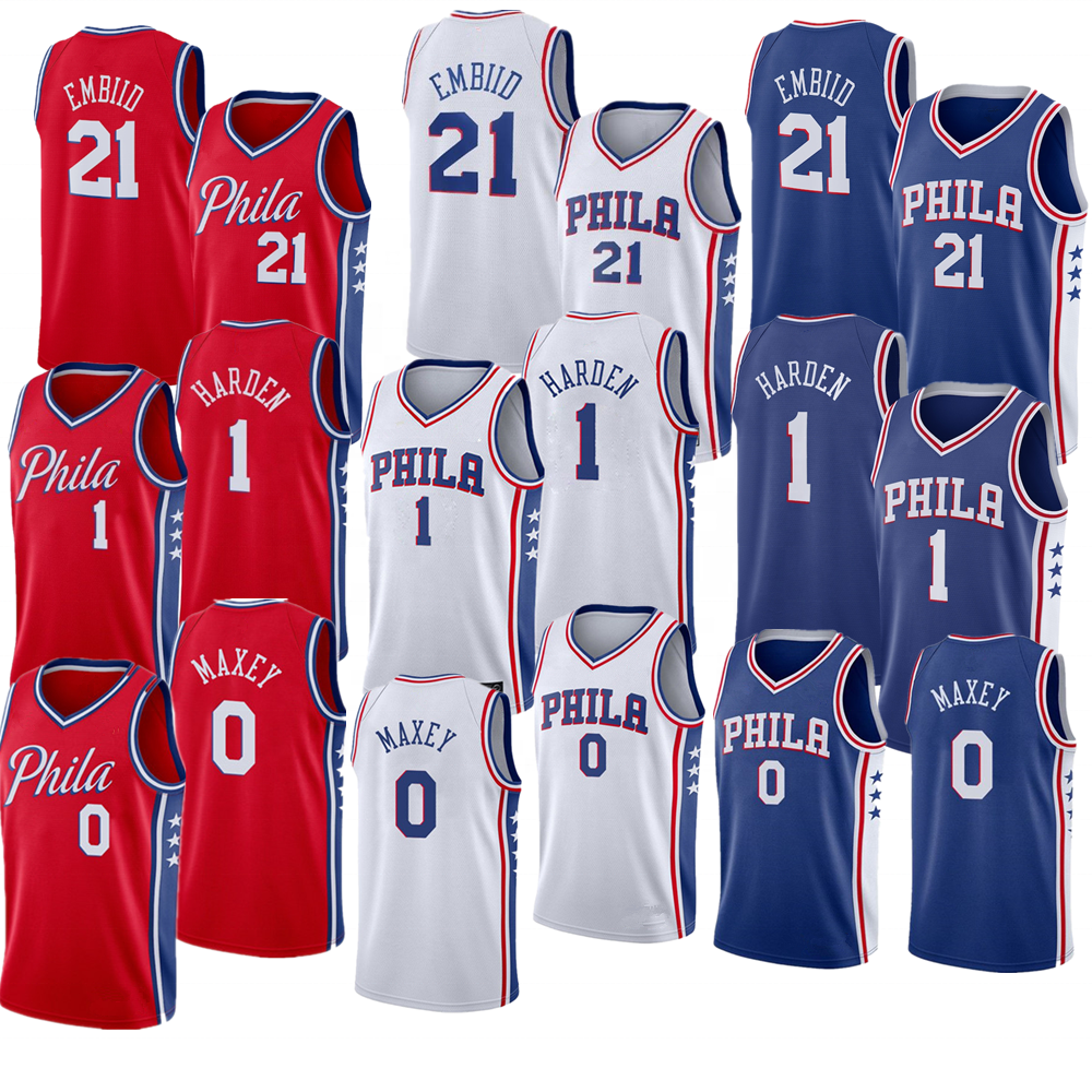 2022 Джеймс Харден Филадельфия 76s баскетбольные Джерси 21 Joel Embiid 0 Tyrese Maxey сшитая домашняя белая синяя баскетбольная форма