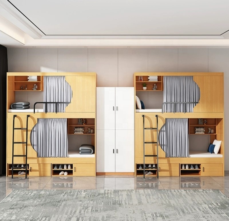 Wooden Bunk beds For children In School Dormitories Equipped With Desks Slides And Adult Storage Study