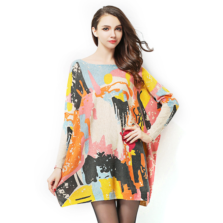 Autumn large knitted women's sweater loose graffiti print pullover long sleeve sweater