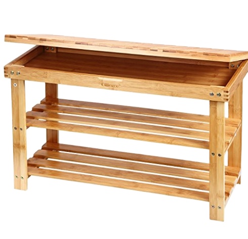 New Arrival Bamboo Wooden 2 Tiers Shoe Rack Cabinet with Hidden Storage Foot Tool