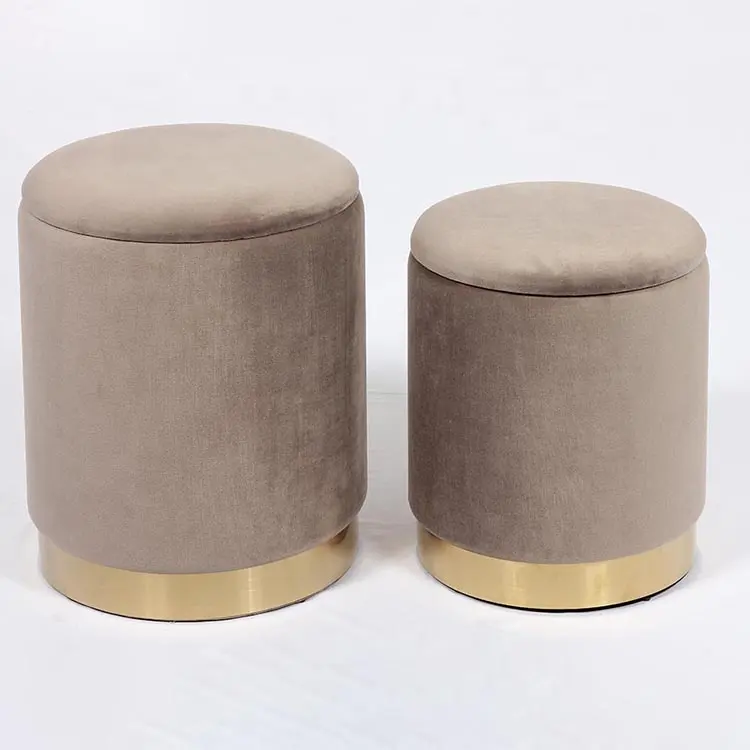 Custom Multipurpose Grey Small Soft Rest Chair Velvet Fabric Metal Round Made In China Ottoman Stool
