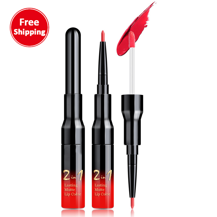 Matte non-stick 2 in 1 liquid lipstick double ended lip gloss pencil girls pink red lip gloss lip liner supplies bulk