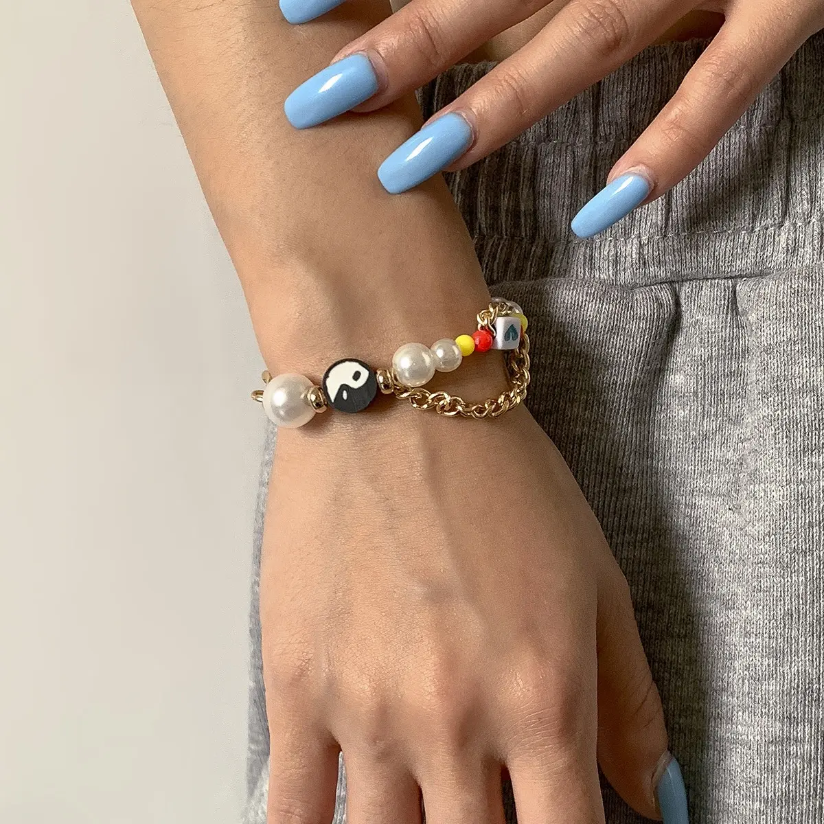 Women's Retro INS Tai Chi imitation pearl heart chain tassel bracelet