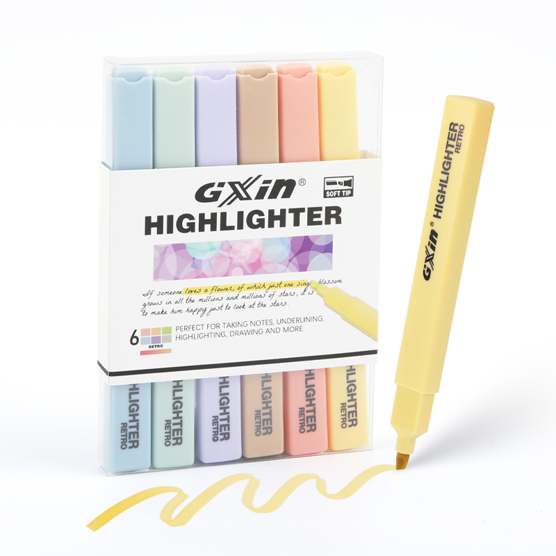 Gxin G-343-6 6pcs/set retro color highlighter marker pens set writing smoothly fluorescent pen factory price highlighters