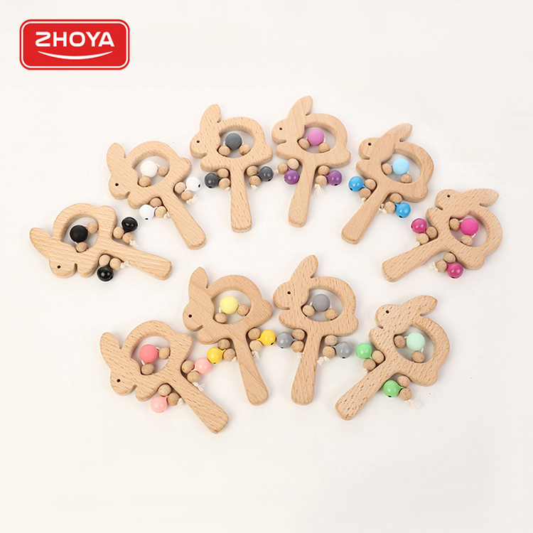 Wholesale rabbit cute shape baby beech wooden rattle teether toys
