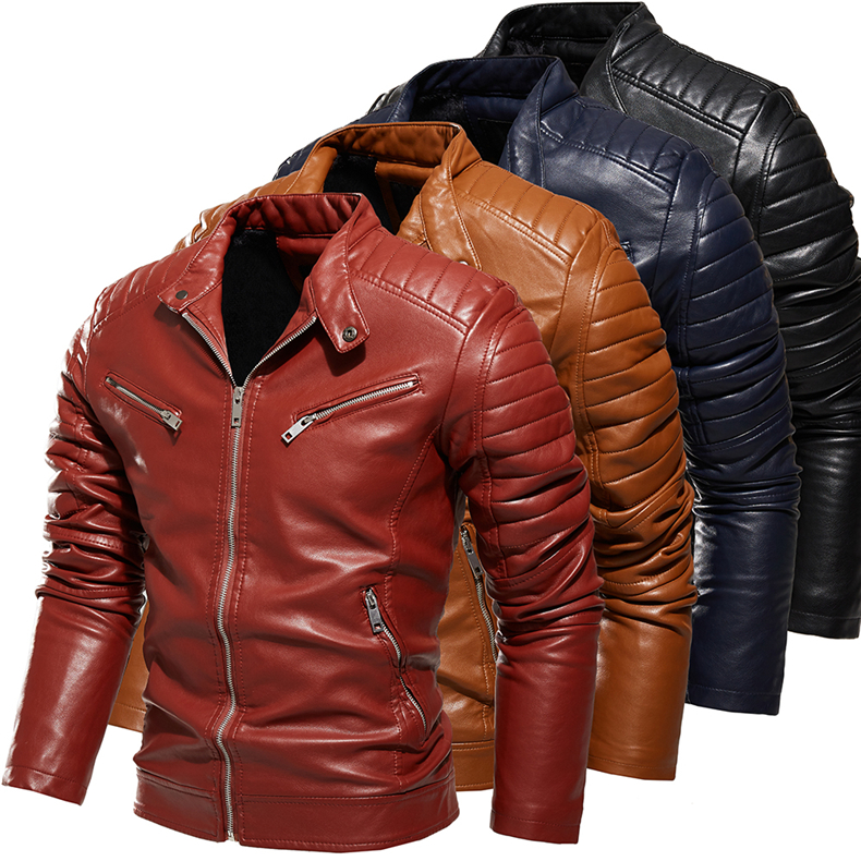 2021 New Men's Leather Solid Color Men's PU Leather Jacket Multi Color Optional Locomotive Motorcycle Riding Velvet Men's Jacket