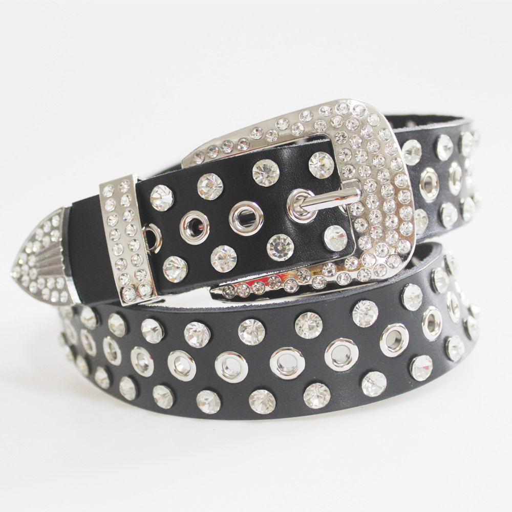 Women's Genuine Leather Belts with Diamond Decorative Alloy Buckle Fashion Wide Rhinestone For Matching Jeans Pants