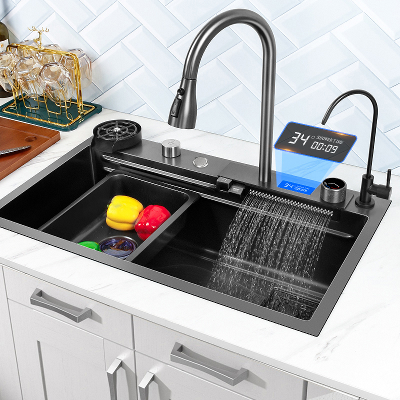 Smart Single Bowl Digital Kitchen Sink 304 Stainless Steel Piano Key Waterfall Faucet Kitchen Sink With Glass Rinser